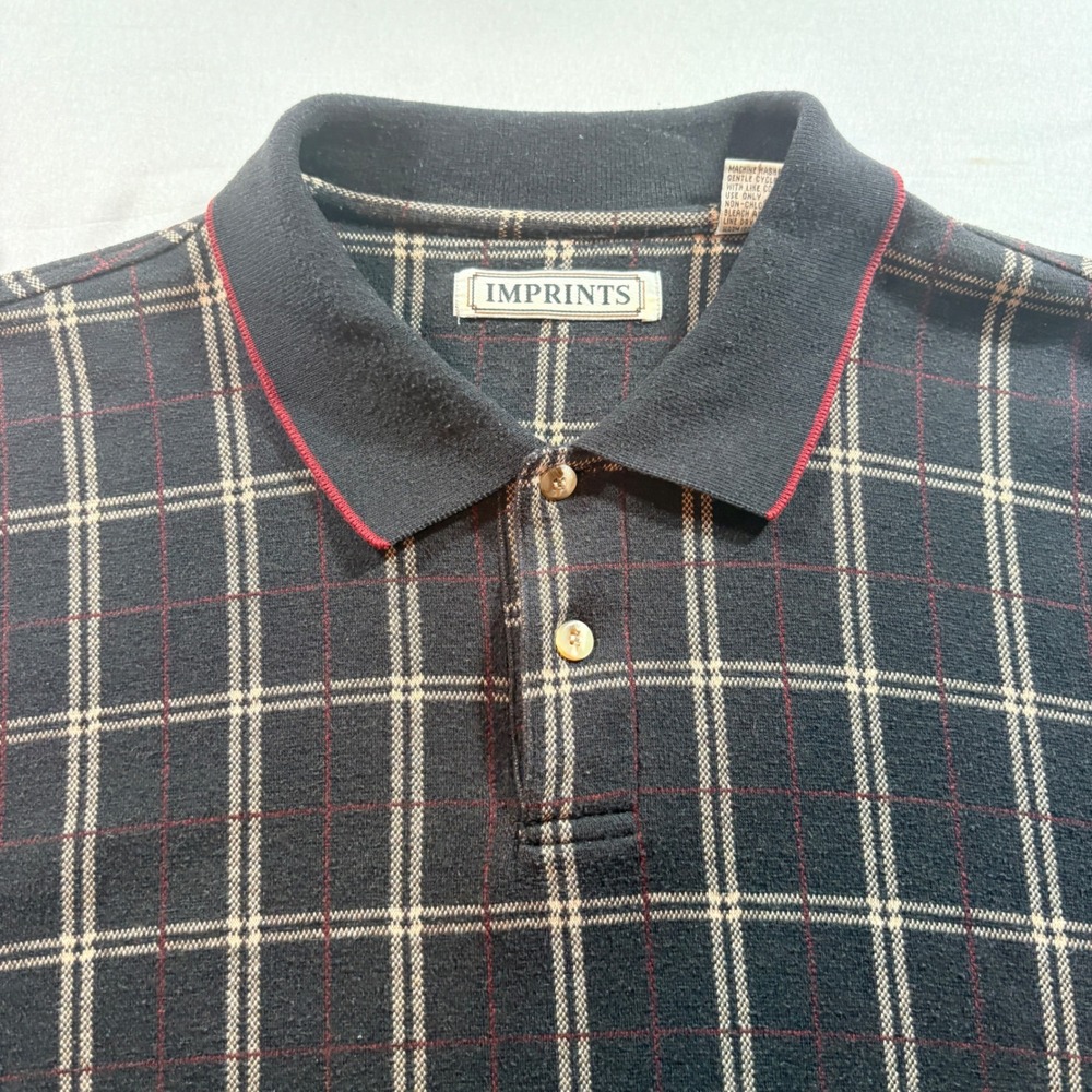 Imprints Plaid Polo Shirt Mens XL Black Long Sleeve Grid Knit Casual Pullover